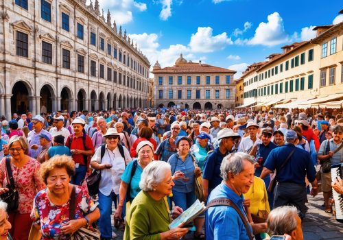 scenic European city filled with tourists, portraying the growing issue of overtourism and its effect on urban life and historical sites