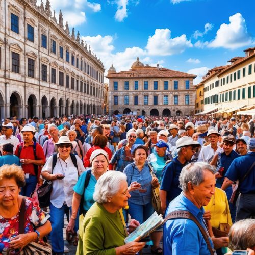 scenic European city filled with tourists, portraying the growing issue of overtourism and its effect on urban life and historical sites