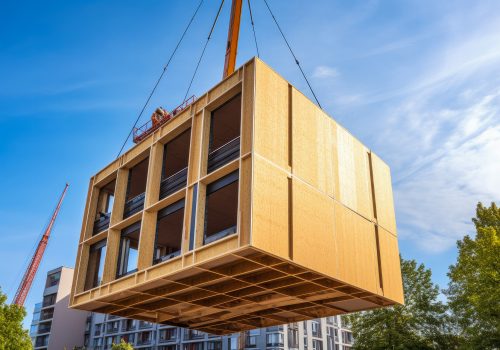 Wooden building module is raised by a crane and placed into the framework. Berlin office building under construction. Modular wood construction. High quality generative ai