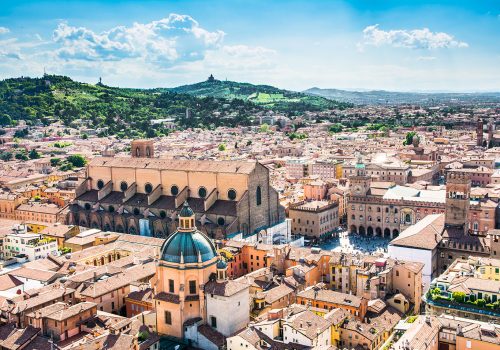 Bologna,Italy-May 17,2014:panorama of Bologna view from the famous "Asinelli" tower located in the centre of the city.You can see the dome of St. Petronio and the central main square.