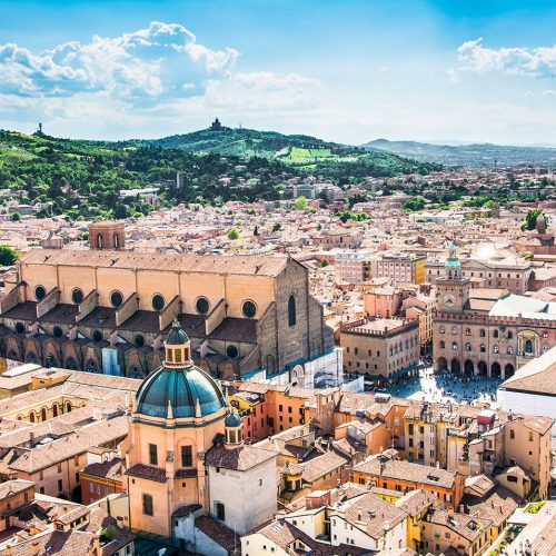 Bologna,Italy-May 17,2014:panorama of Bologna view from the famous "Asinelli" tower located in the centre of the city.You can see the dome of St. Petronio and the central main square.