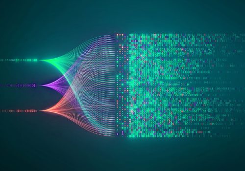 Big data technology and data science illustration. Data flow concept. Querying, analysing, visualizing complex information. Neural network for artificial intelligence. Data mining. Business analytics.