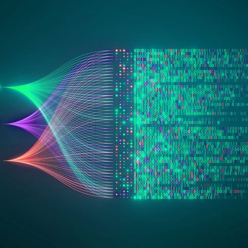 Big data technology and data science illustration. Data flow concept. Querying, analysing, visualizing complex information. Neural network for artificial intelligence. Data mining. Business analytics.