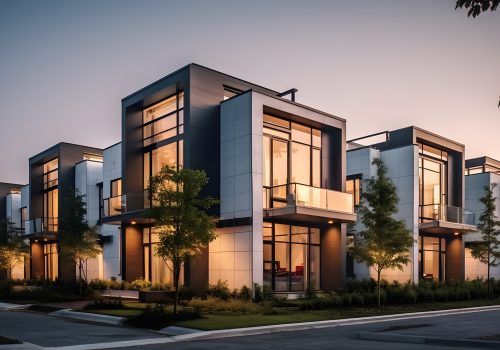 Modern modular private townhouses. Residential minimalist architecture exterior. Created with generative Ai