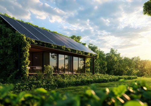 A modern, sustainable home showcasing energy-efficient features like solar panels and a green wall, nestled amongst lush greenery. This design embodies a commitment to eco-friendly living, offering a harmonious blend of nature and technology.