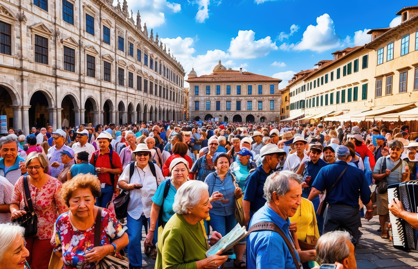 scenic European city filled with tourists, portraying the growing issue of overtourism and its effect on urban life and historical sites